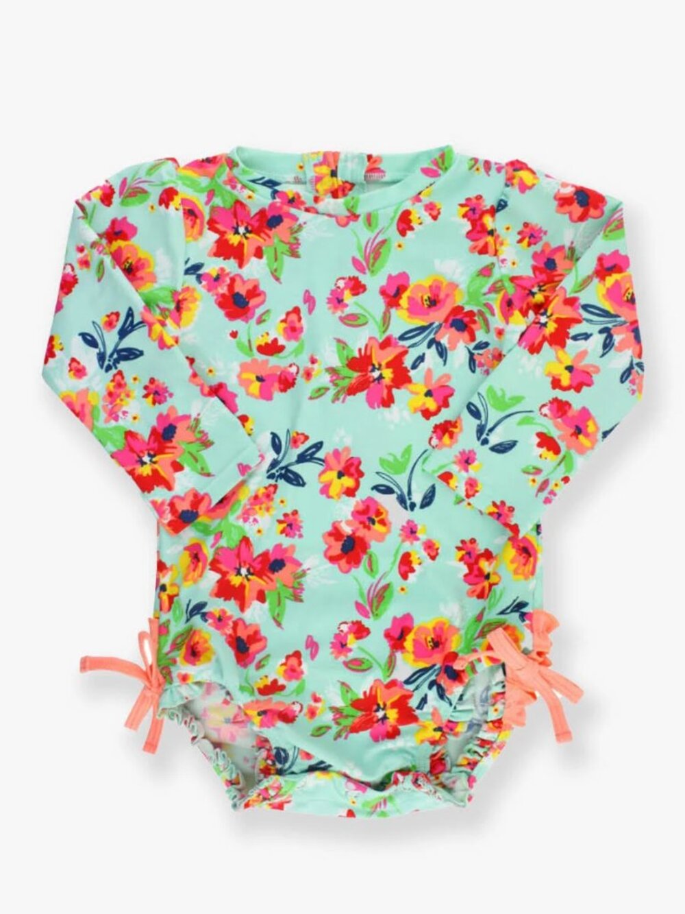 (EUC) RuffleButts Painted Flowers Long Sleeve Rash Guard with Ruffles - 12-18m